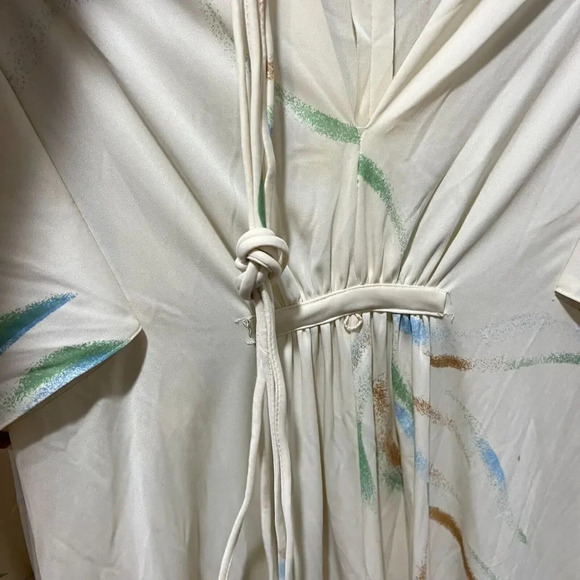 Vtg 7os Womens White Hawaiian Kaftan Summer Midi Dress 14 Elastic Waist String - Picture 9 of 16